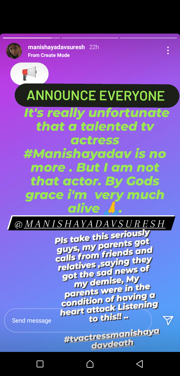 I'm much Alive, Actress Manisha yadav Suresh Claims